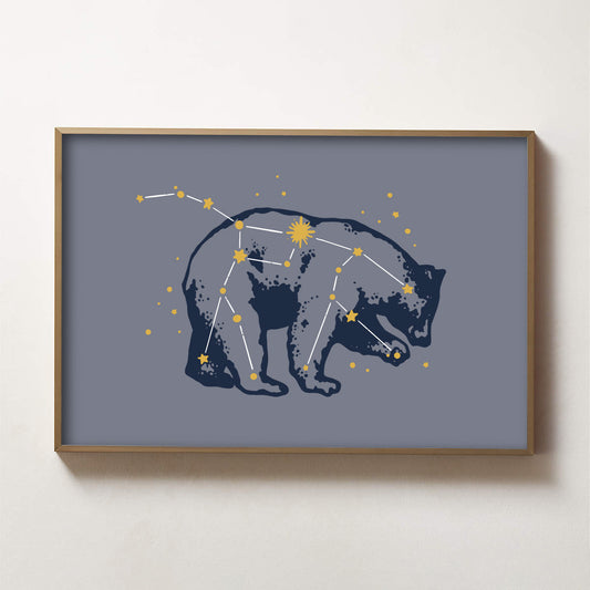 A photo of a framed print of the silhouette of a bear with the Ursa Major constellation overlayed.
