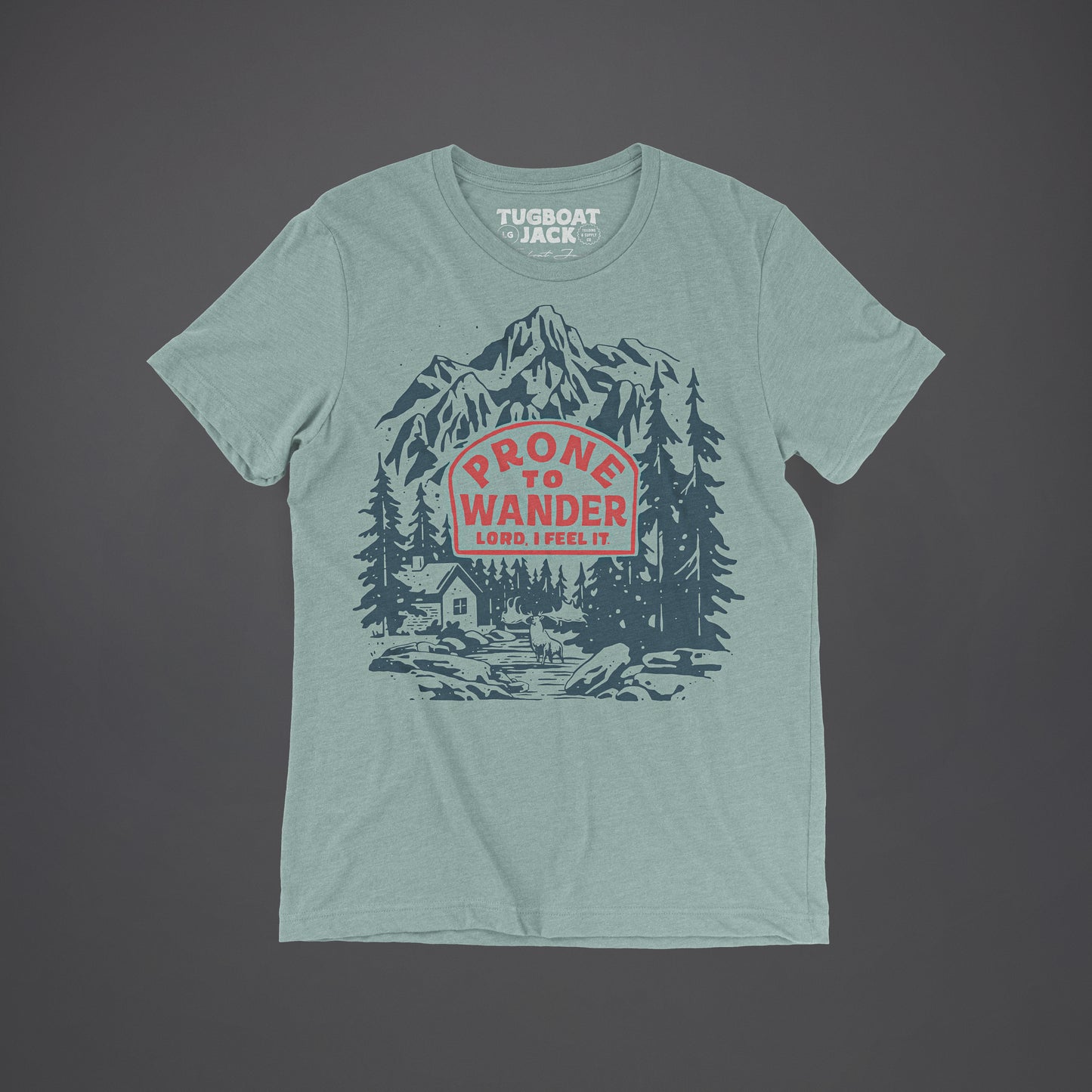 "Prone to Wander. Lord, I feel it." with a scenic mountain scene in the background.